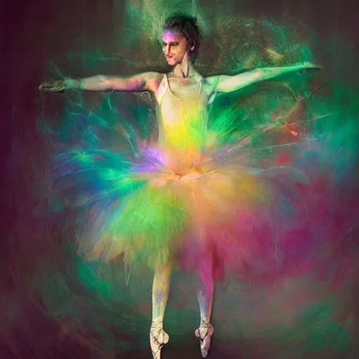 Prompt: ballet dancer movement by cy Twombly and BASTIEN LECOUFFE DEHARME, colorful, iridescent, volumetric lighting, abstract