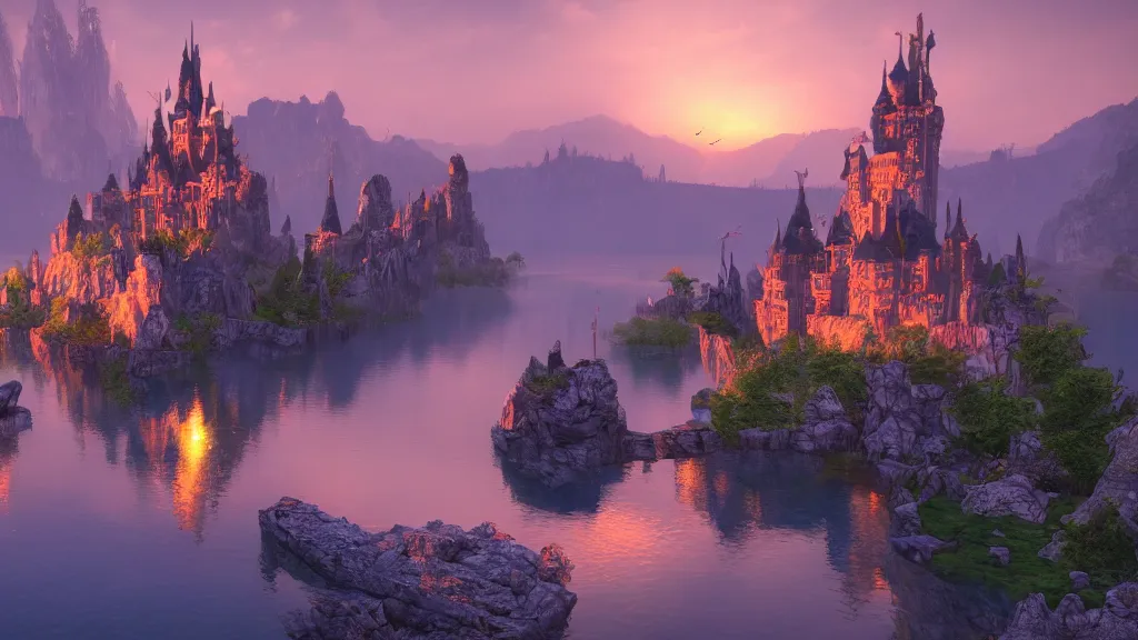 Image similar to fantasy castle with lake in sunset, fantasy artwork, very very very beautiful scenery, hd, hdr, ue5, ue6, unreal engine 5, cinematic 4k wallpaper, 8k, ultra detailed, high resolution, artstation, award winning