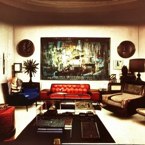 Prompt: rick deckard living room from bladerunner, as decorated by norman rockwell, moody, decadent, dirty,