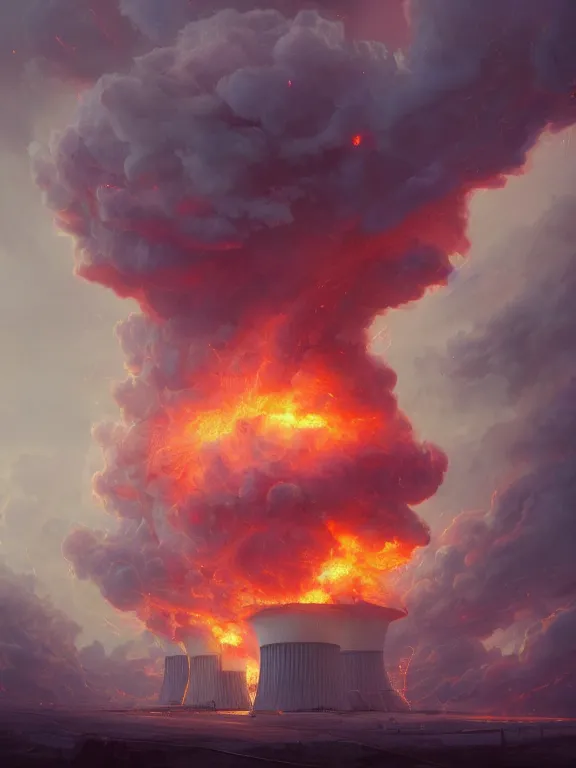 Image similar to photo of 8k ultra realistic nuclear power plant on fire, pylons, heavy swirling cloud, full of colour, cinematic lighting, battered, trending on artstation, 4k, hyperrealistic, focused, extreme details,unreal engine 5, cinematic, masterpiece, art by Peter Mohrbacher