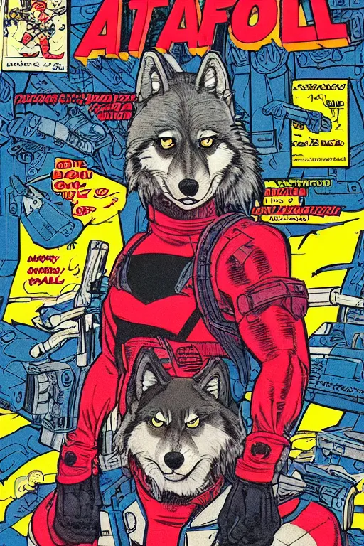 Prompt: 1 9 8 0 s comic book title cover scan, highly detailed professional comic art, featuring a portrait of anthropomorphic dark grey wolf o'donnell from starfox fursona furry wolf, in a dark space mercenary outfit, 8 0 s sci - fi comic art, marvel 8 0 s style