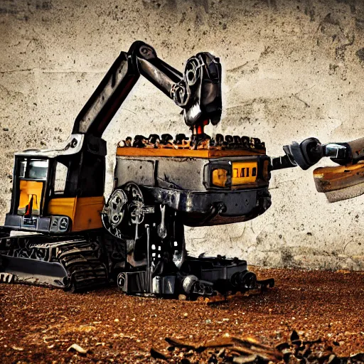 Image similar to giant scary treaded mining robot with drill, mining scrap metal, highly detailed body, retro, industrial, dark, dystopian, apocalyptic, clean, 8 5 mm f / 1. 4