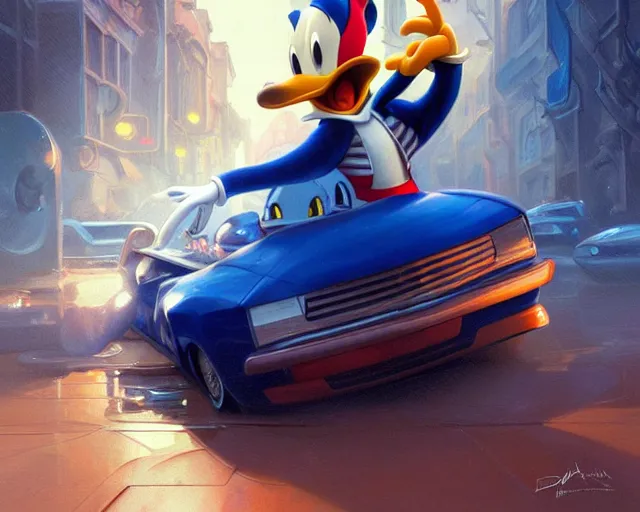 Image similar to realistic photography of donald duck involved in a car crush, deep focus, intricate, elegant, highly detailed, digital painting, artstation, concept art, matte, sharp focus, illustration, art by artgerm and greg rutkowski and alphonse mucha