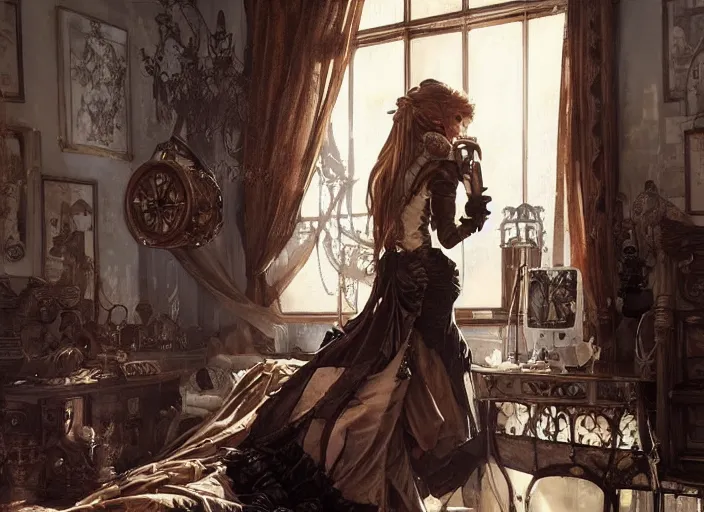 Prompt: woman model, steampunk!!! and modern, neutral colors, in a bedroom!!!!!!!!!, backlit, elegant, highly detailed, digital painting, artstation, concept art, smooth, sharp focus, illustration, art by krenz cushart and artem demura and alphonse mucha