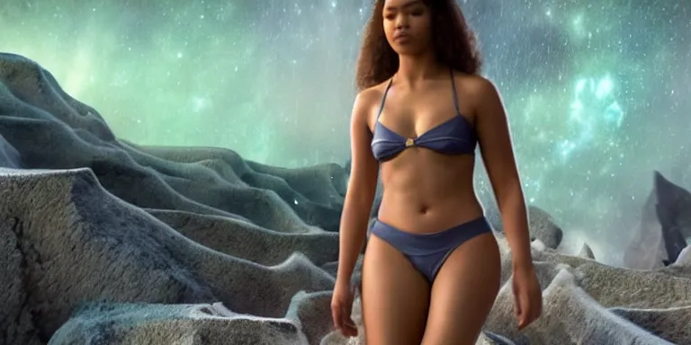 Image similar to film still of unrealistically curvy zendaya, focus on facial - detail!!!!!!, walking on the bifrost, toward an endless abyss in space, wearing a flowy bikini inspired by ancient roman clothing, beautiful astronomical background with galaxies and nebulas, lack of sunlight, 8 k resolution, cinematic lighting, anatomically correct, by christopher nolan
