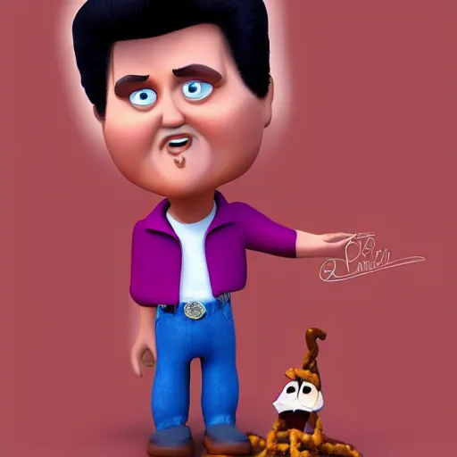 Image similar to elvis presley with legs made from pretzels!!!!, pixar character, stage background, pixar, 3 d,