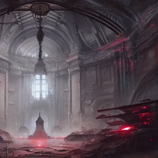 Image similar to concept art by greg rutkowski, a futuristic large inner garden under a great dome, desolate, covered in reddish slime on all sides, uncanny atmosphere, low light, scary atmosphere, scifi, highly detailed portrait, digital painting, artstation, concept art, smooth, sharp foccus ilustration, artstation hq