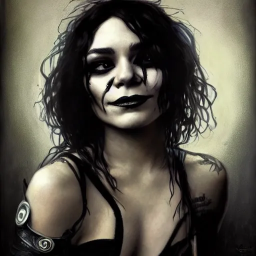 Image similar to beautiful portrait of vanessa hudgens as death from sandman, smiling, by cedric peyravernay, alphonse mucha, by jeremy mann, by lecouffe deharme, goth chic, soft lightning, eyeliner, punk rock, high detailed, 8 k