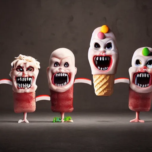 Prompt: a large variety of ice cream popsicles shaped like screaming chucky dolls, octane render