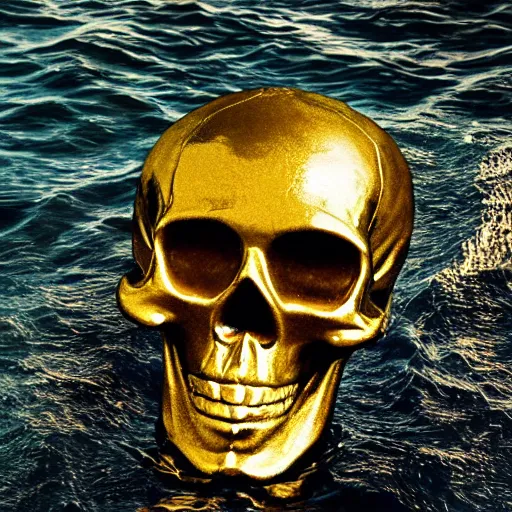 Image similar to a golden skull floating in the sea