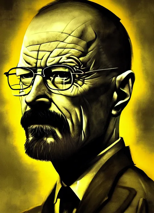 Image similar to dark scifi illustration portrait of walter white. cinematic lighting mad scientist style. golden ratio accidental renaissance. by dave mckean. graffiti art, scifi, fantasy, hyper detailed. octane render. concept art. trending on artstation