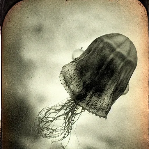 Image similar to tintype photo, lochness monster, underwater, jellyfish