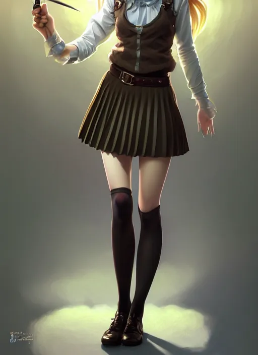 Image similar to portrait of a full body of beautiful young female detective, d & d, sleeveless turtleneck, pleated skirt, fantasy, flat lighting, intricate, highly detailed, digital painting, artstation, concept art, smooth, sharp focus, illustration, misa amane, art by simon bisley and greg rutkowski and alphonse mucha, natural tpose