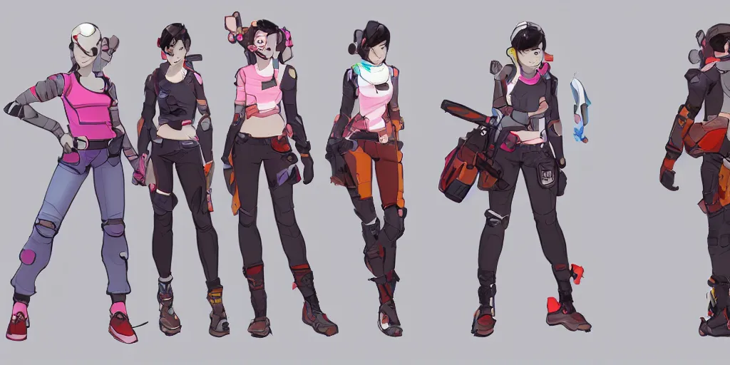 Prompt: character concept art of a mid 2 0's female casual themed outfit, colorful, no helmet, by qui fang and daryl tan, overwatch, studio trigger