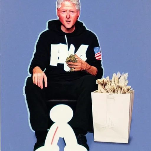 Image similar to polaroid of Bill Clinton wearing a white hoodie and holding a bag of weed sitting on the couch, 8k, very detailed, very intricate,