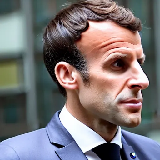 Image similar to Emmanuel Macron working at the reptilian clone factory, yellow eyes, paparazzi, hidden camera, wide angle