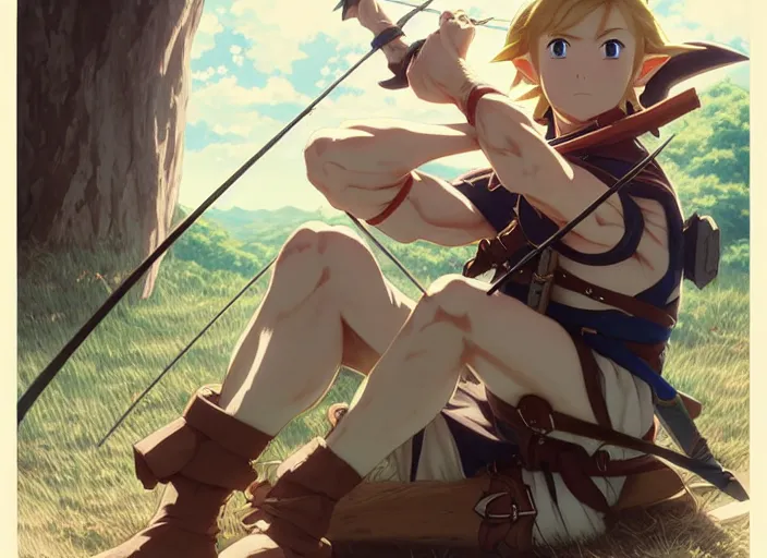 Prompt: cinematic full anime portrait of link from zelda resting with his bow at his tent. intricate, elegant, highly detailed, digital art, artstation, concept art, smooth, sharp focus, illustration, by stanley artgerm, greg rutkowski, studio ghibli, alphonse mucha, norman rockwell 8 k