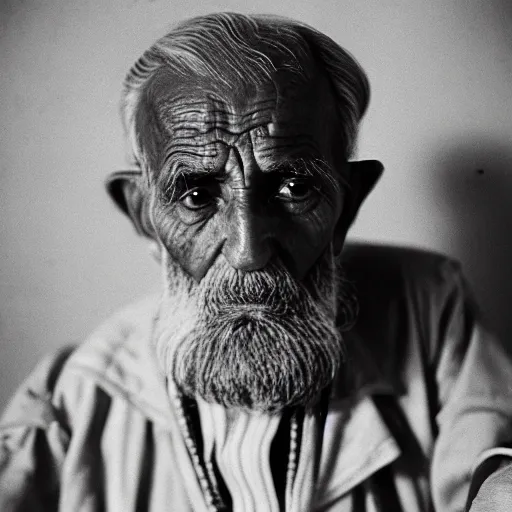 Image similar to black and white photo, portrait of 80 year old afghan man by Vivian Maier, realistic, Leica, medium format, cinematic lighting, parallax, high resolution,