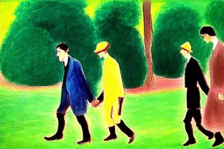 Image similar to a very tall man named John with dark hair holding the hands of a short young boy named Alex with dark hair as they walk in a park on a bright beautiful colorful day. part in the style of an edgar degas painting. part in the style of david hockney