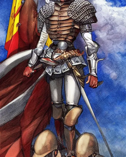 Prompt: illustration of a spanish conquistador, art by takeshi obata and clay mann, studio ghibli color cheme, portrait, tarot card