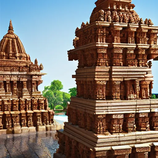 Image similar to 4 k unreal engine render of an ancient never seen before indian high detail temple. complex architecture with intricate pilars. high detailed water. flowers. overview, trending on artstation