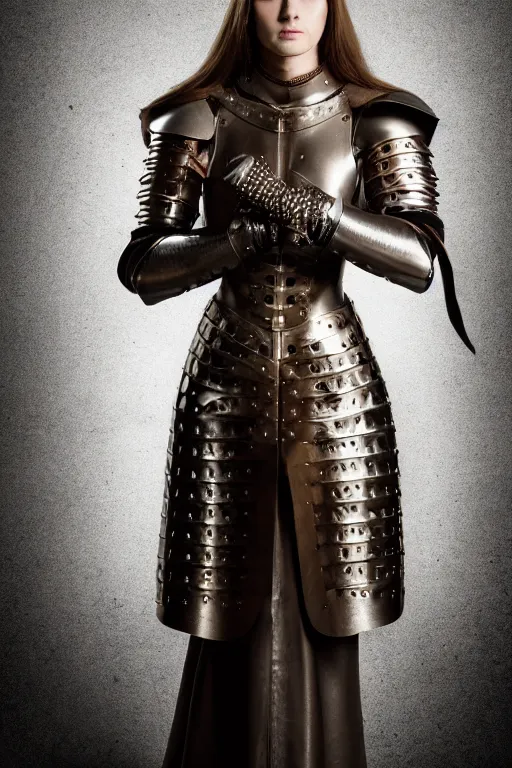 Prompt: female medieval knight, only leather armor, no metal, brown hair, by louis vuitton, luxury materials, symmetrical, cinematic, elegant, professional studio light, real dlsr photography, sharp focus, 4 k, ultra hd, sense of awe, high fashion