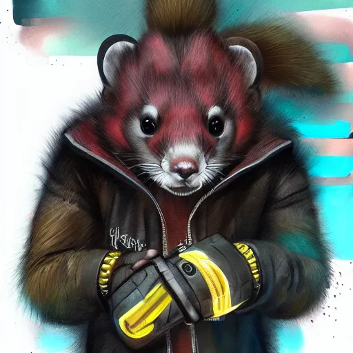 Prompt: cyberpunk anthropomorphic ferret pine marten with mohawk, wearing leather jacket, medium shot portrait, digital painting, trending on ArtStation