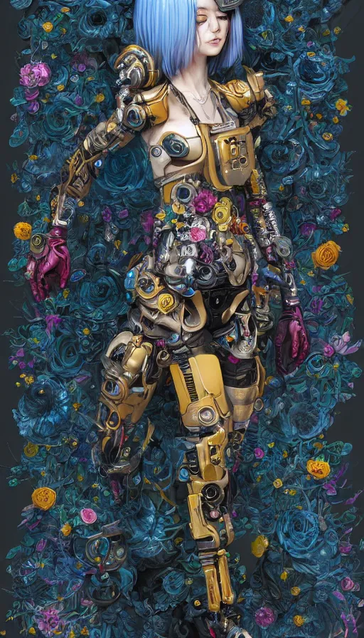 Image similar to full body head to toe portrait of a flowerpunk sci-fi cyborg rogue, third person, D&D, sci-fi fantasy, intricate, blue and gold, daisy and rose and peony, highly detailed, art by Range Murata, highly detailed, 3d, octane render, bright colors, digital painting, trending on artstation, sharp focus, illustration style of Stanley Artgerm, dramatic background