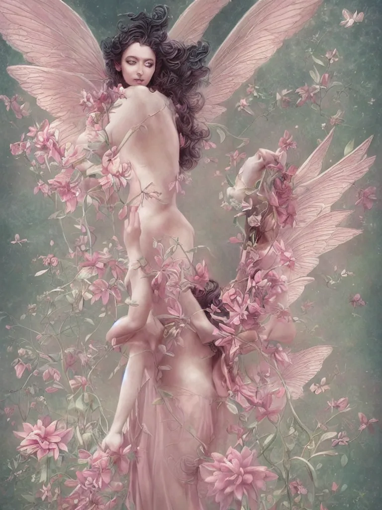 Image similar to symmetry!! a pink beautiful fairy with large wings and flowing hair is exploring her flower garden, style of tom bagshaw, extremely detailed, muted colors, negative space