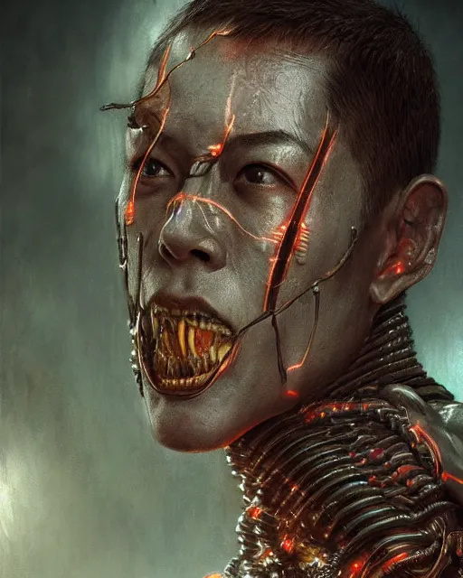 Image similar to realistic portrait beautiful detailed matte painting of cinematic movie scene jet li mutate into cyborg snake. horror, created by gustave dore and greg rutkowski, high detailed, smooth draw, synthwave neon retro, intricate, realistic proportions, dramatic lighting, trending on artstation.