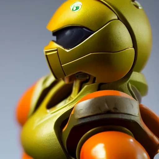 Image similar to helmet portrait of a figurine of samus aran's varia suit from the sci - fi nintendo videogame metroid. red round helmet, orange shoulder pads, green visor. shallow depth of field. suit of armor.