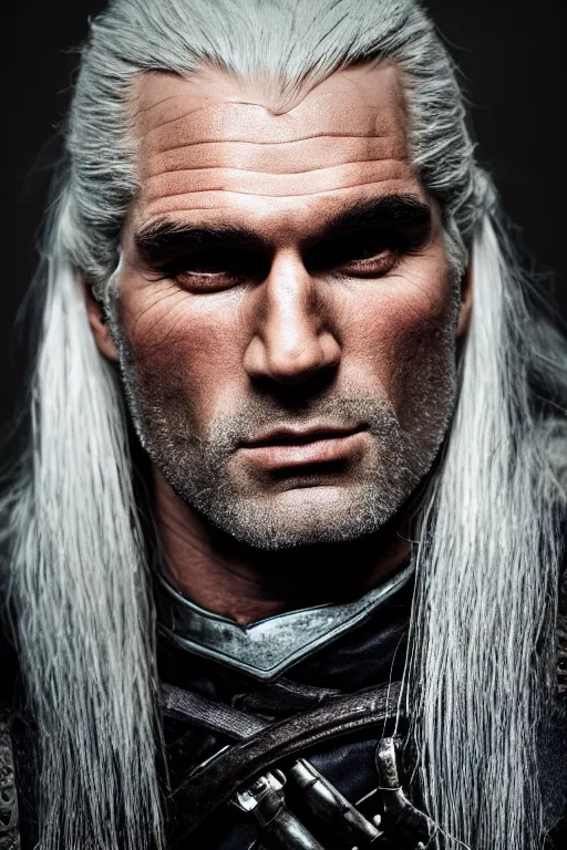 Image similar to portrait of geralt of rivia, 5 5 mm lens, professional photograph, times magazine, serious, stern look