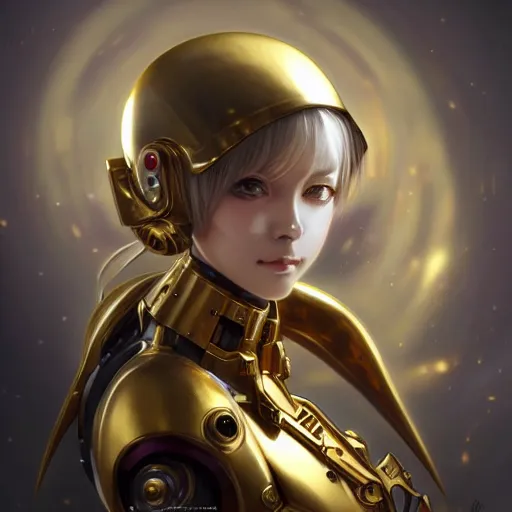 Image similar to anime girl robot warhammer 4 0 k emperor, gold, portrait, intricate, elegant, highly detailed, digital painting, artstation, concept art, wallpaper, smooth, sharp focus, illustration, art by h. r. giger and artgerm and greg rutkowski and alphonse mucha