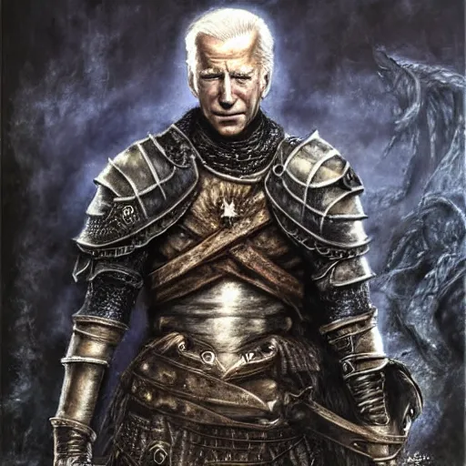 Prompt: Joe Biden as a Dark Souls NPC, full body portrait, dynamic pose, oil painting by Luis Royo