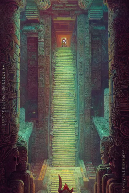 Image similar to cyberpunk mayan ancient chicheni tza , fantasy, painting by greg rutkowski and alphonse mucha