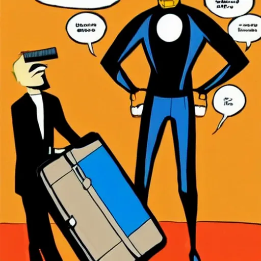 Image similar to brown suitcase containing domino superhero mask being opened by a ginger caucasian male in a brown suit, bruce timm artstyle, colorful, somber