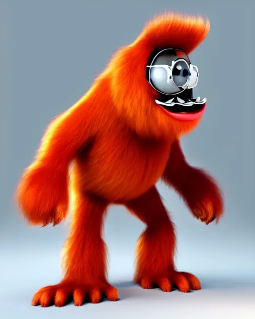 Image similar to 3 d render of completely red hairy friendly antropomorphic creature wearing chrome shades, without nose and small grin, full body, standing on 2 feet, in the style of pixar, white background, unreal engine 5, octane render, highly detailed hdr