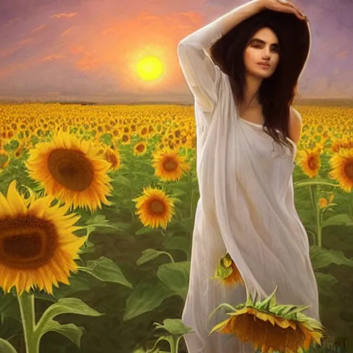 Image similar to Bedsheet Ghost in a field of sunflowers, sunset, Watercolor, photorealistic, high resolution, award winning, trending on artstation, olive skin, long dark hair, beautiful bone structure, intricate, elegant, highly detailed, digital painting, artstation, concept art, smooth, sharp focus, illustration, art by artgerm and greg rutkowski and alphonse mucha