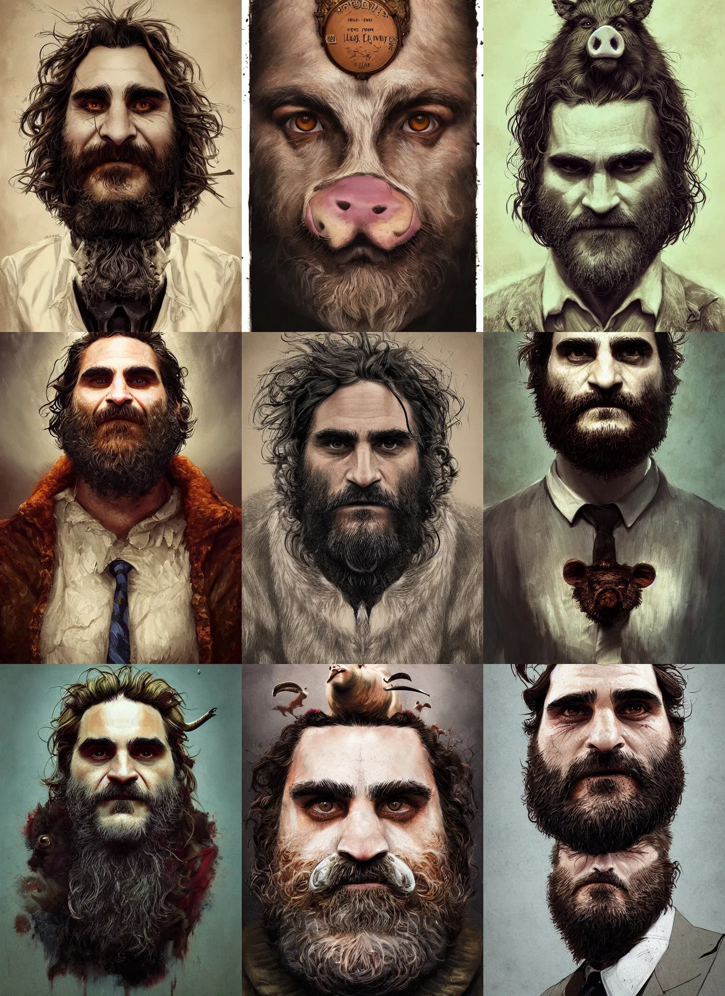 Prompt: a hyper detailed full face portrait of joaquin phoenix as the king of animals, cow, pig, sheep, chicken, horror, by anna podedworna, by miklos ligeti, by diego maricato, on artstation