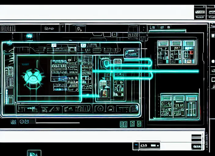 Image similar to simple cyberpunk graphics user interface ( gui ) depicting operational controls of a mech robot in the style of ghost in the shell. design by mark coleran or jayse hansen ( 1 9 9 1 )