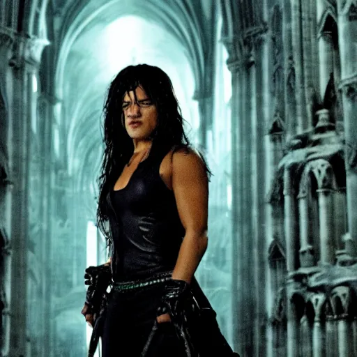 Image similar to michelle rodriguez as a female demon in a gloomy gothic cathedral at night