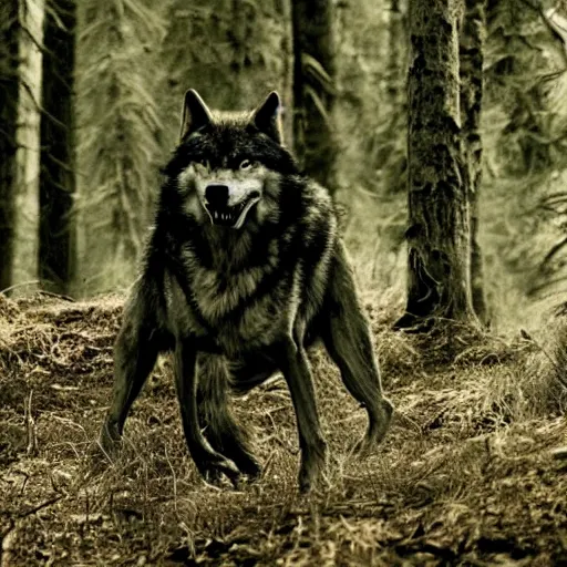 Image similar to werecreature consisting of human and wolf, photograph of dark forest