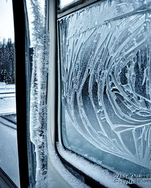 Prompt: tatra t 3 tram, ussr czech republic, side view, ice patterns on windows, winter, frost, around the city, evening, snow, into the art style and print