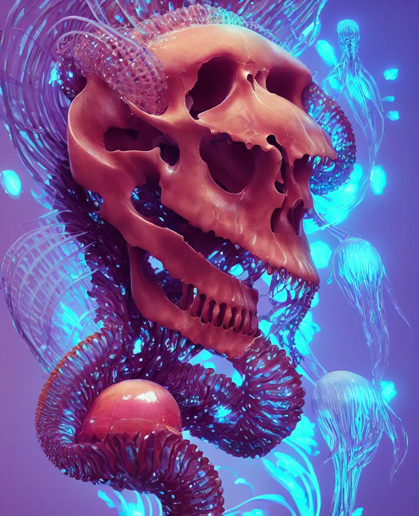 Image similar to goddess close-up portrait animal skull. jellyfish phoenix head, nautilus, orchid, skull, betta fish, bioluminiscent creatures, intricate artwork by Tooth Wu and wlop and beeple. octane render, trending on artstation, greg rutkowski very coherent symmetrical artwork. cinematic, hyper realism, high detail, octane render, 8k