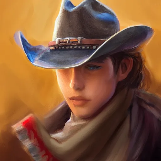 Image similar to a portrait of a teenager with a cowboy hat on with an American flag scarf, D&D, sci-fi, elegant, hopeful, muscular, highly detailed, digital painting, artstation, concept art, smooth, sharp focus, illustration