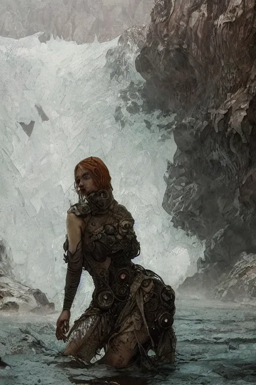 Image similar to a full body portrait of a beautiful post apocalyptic offworld neoicelandic biofarmer swimming by the waterfalls, intricate, elegant, highly detailed, digital painting, artstation, concept art, smooth, sharp focus, illustration, art by krenz cushart and artem demura and alphonse mucha