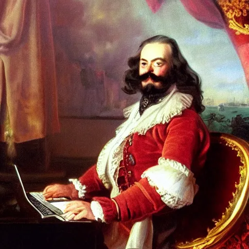 Prompt: russian tsar Peter The Great in holland camisole, clean-shaven 18th century installs operating system on desktop computer oil painting, detailed, artfully traced, 4k resolution, cinematic, dramatic by FYODOR ROKOTOV AND THOMAS GAINSBOROUGH