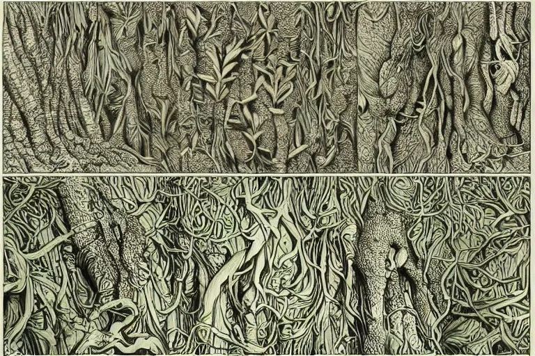 Image similar to exotic forest of ents, in the style of Ernst Haeckel ,trending on artstation, halftone, macro, ,