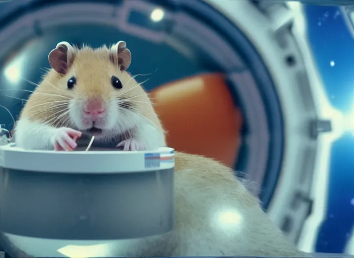 Image similar to film still of a hamster working for mission control at nasa, 8 k