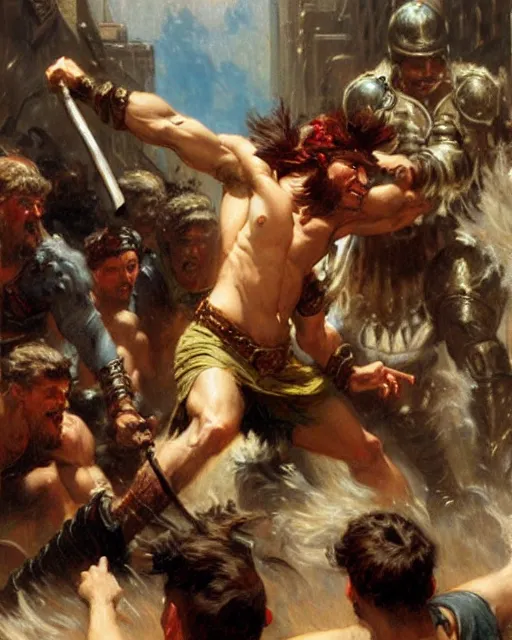 Prompt: a fierce barbarian yelling at stock brokers on wall street, painting by gaston bussiere, craig mullins, j. c. leyendecker